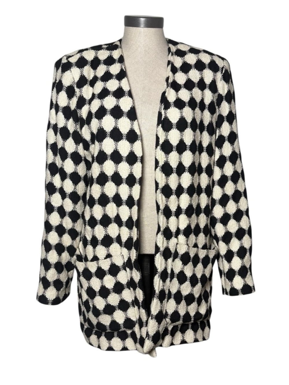 Vintage Gillian Wool Blazer Jacket Cardigan Checkered Black Cream Size 10